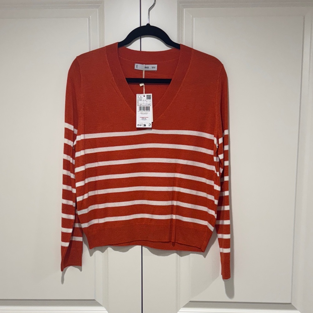 Mango Vivid Orange and White V-Neck Sweater